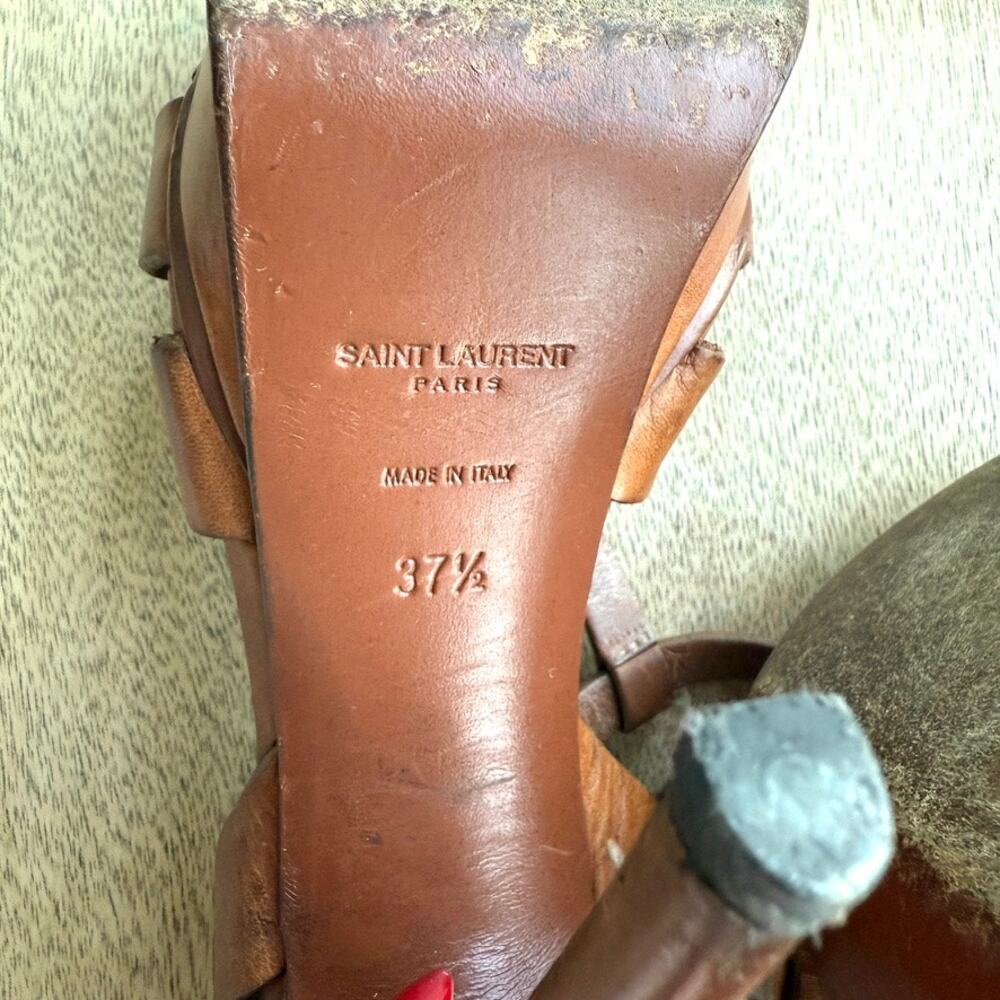 YSL SAINT LAURENT Tribute Platform Sandal Heel Cognac Leather 37.5 Italy Strappy - Picture 8 of 14